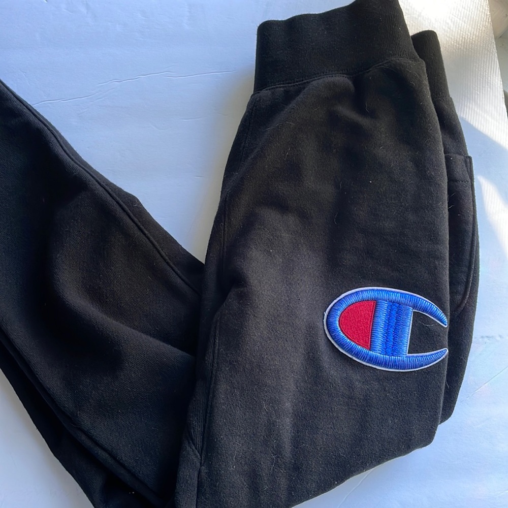 Men's Champion Reverse Weave All Logo Black Sweatpants Small Jogger